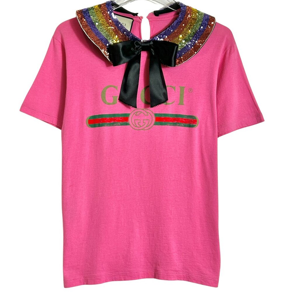 Authentic GUCCI Sequin Collar Pink T-shirt